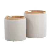 Tray Contemporary Nesting Ottoman Set in Cream Fabric and Natural Wood by LumiSource