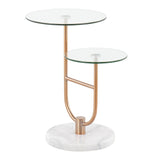 Trombone Glam Side Table in White Marble, Gold Steel and Clear Glass by LumiSource