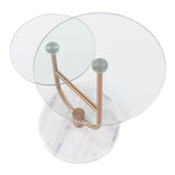 Trombone Glam Side Table in White Marble, Gold Steel and Clear Glass by LumiSource
