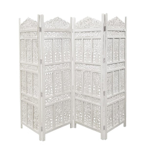 Benzara Aesthetically Carved 4 Panel Wooden Partition Screen/Room Divider, Distressed White UPT-148945 White Wood UPT-148945