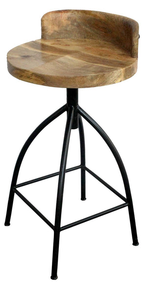 Benzara Industrial Style Adjustable Swivel Counter Height Stool With Backrest UPT-165867 Brown and Black Mango Wood and Iron UPT-165867