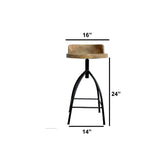 Benzara Industrial Style Adjustable Swivel Counter Height Stool With Backrest UPT-165867 Brown and Black Mango Wood and Iron UPT-165867