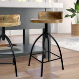 Benzara Industrial Style Adjustable Swivel Counter Height Stool With Backrest UPT-165867 Brown and Black Mango Wood and Iron UPT-165867