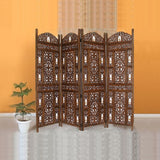 Benzara Handcrafted Wooden 4 Panel Room Divider Screen With Tiny Bells - Reversible UPT-176787 Brown Mango Wood MDF UPT-176787