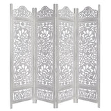 Benzara Handcrafted Wooden 4 Panel Room Divider Screen Featuring Lotus Pattern-Reversible UPT-176788 White Mango Wood MDF UPT-176788