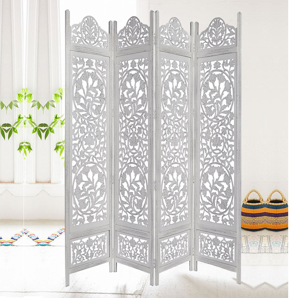Benzara Handcrafted Wooden 4 Panel Room Divider Screen Featuring Lotus Pattern-Reversible UPT-176788 White Mango Wood MDF UPT-176788