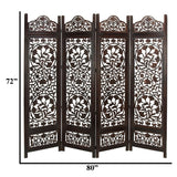 Benzara Handcrafted Wooden 4 Panel Room Divider Screen Featuring Lotus Pattern-Reversible UPT-176789 Brown Mango Wood MDF UPT-176789