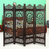 Benzara Handcrafted Wooden 4 Panel Room Divider Screen Featuring Lotus Pattern-Reversible UPT-176789 Brown Mango Wood MDF UPT-176789