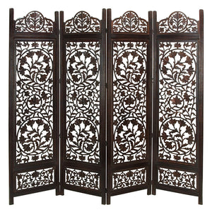 Benzara Handcrafted Wooden 4 Panel Room Divider Screen Featuring Lotus Pattern-Reversible UPT-176789 Brown Mango Wood MDF UPT-176789