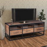 Benzara Spacious Acacia Wood Tv Unit With Metal Frame, Walnut Brown and Black  UPT-182999 Brown and Black Acacia Wood and Metal  UPT-182999