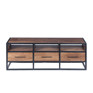 Benzara Spacious Acacia Wood Tv Unit With Metal Frame, Walnut Brown and Black  UPT-182999 Brown and Black Acacia Wood and Metal  UPT-182999