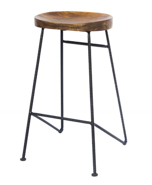 Benzara Mango Wood Saddle Seat Bar Stool With Iron Rod Legs, Brown and Black UPT-183797 Brown and Black Mango And Iron UPT-183797