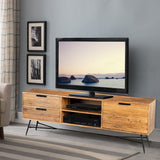 Benzara Roomy Wooden Media Console with Slanted Metal Base, Brown and Black UPT-195125 Brown and Black Acacia Wood and Metal UPT-195125