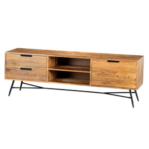 Benzara Roomy Wooden Media Console with Slanted Metal Base, Brown and Black UPT-195125 Brown and Black Acacia Wood and Metal UPT-195125