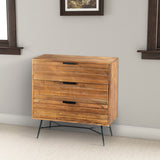 Benzara 3 Drawer Wooden Chest with Slanted Metal Base, Brown and Black UPT-195127 Brown and Black Acacia Wood and Metal UPT-195127