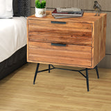 Benzara 2 Drawer Wooden Nightstand with Metal Angled Legs, Black and Brown UPT-195128 Brown and Black Acacia Wood and Metal UPT-195128