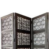 Benzara Four Panel Mango Wood Room Divider with Traditional Carvings, Black and White UPT-195270 Black and White Mango MDF and Metal UPT-195270