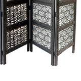 Benzara Four Panel Mango Wood Room Divider with Traditional Carvings, Black and White UPT-195270 Black and White Mango MDF and Metal UPT-195270