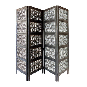 Benzara Four Panel Mango Wood Room Divider with Traditional Carvings, Black and White UPT-195270 Black and White Mango MDF and Metal UPT-195270