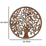 Benzara Circular Mango Wood Wall Panel with Cutout Tree and Bird Carvings, Antique Brown UPT-195272 Brown MDF UPT-195272