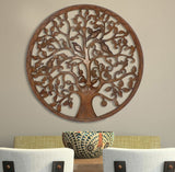 Benzara Circular Mango Wood Wall Panel with Cutout Tree and Bird Carvings, Antique Brown UPT-195272 Brown MDF UPT-195272