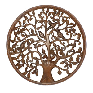 Benzara Circular Mango Wood Wall Panel with Cutout Tree and Bird Carvings, Antique Brown UPT-195272 Brown MDF UPT-195272