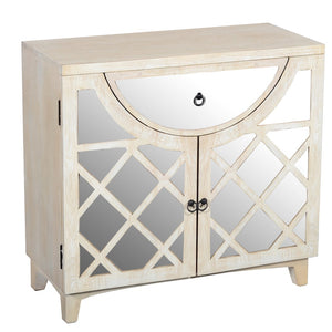 Benzara Mango Wood Cabinet with Mirrored look Steel Insert Door Storage, Beige UPT-195275 Beige Mango Wood, Metal and Stainless Steel UPT-195275