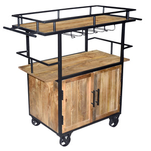 Benzara Wood and Metal Bar Cart with Double Door Storage and Casters, Brown and Black UPT-197312 Brown and Black Mango Wood and Metal UPT-197312