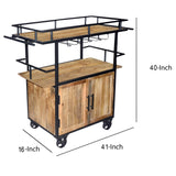 Benzara Wood and Metal Bar Cart with Double Door Storage and Casters, Brown and Black UPT-197312 Brown and Black Mango Wood and Metal UPT-197312