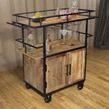 Benzara Wood and Metal Bar Cart with Double Door Storage and Casters, Brown and Black UPT-197312 Brown and Black Mango Wood and Metal UPT-197312