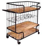 Benzara Metal Frame Bar Cart with Wooden Top and 2 Shelves, Black and Brown UPT-197314 Black and Brown Metal and Mango Wood UPT-197314