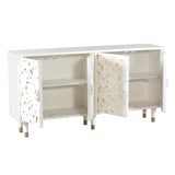 Benzara 4 Door Wooden Sideboard with Engraved Sunburst Design Front, White and Gold UPT-197864 White and Gold Mango Wood and Metal UPT-197864