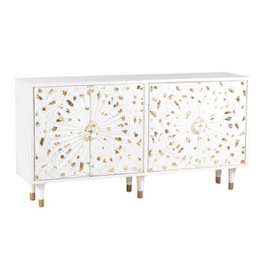 Benzara 4 Door Wooden Sideboard with Engraved Sunburst Design Front, White and Gold UPT-197864 White and Gold Mango Wood and Metal UPT-197864