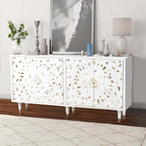 Benzara 4 Door Wooden Sideboard with Engraved Sunburst Design Front, White and Gold UPT-197864 White and Gold Mango Wood and Metal UPT-197864