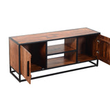 Benzara 54 Inch Metal Frame TV Console with 2 Side Door Cabinets, Black and Brown UPT-197871 Brown and Black Acacia Wood and Metal UPT-197871