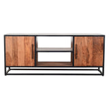 Benzara 54 Inch Metal Frame TV Console with 2 Side Door Cabinets, Black and Brown UPT-197871 Brown and Black Acacia Wood and Metal UPT-197871