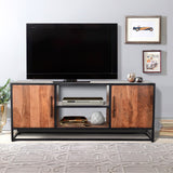 Benzara 54 Inch Metal Frame TV Console with 2 Side Door Cabinets, Black and Brown UPT-197871 Brown and Black Acacia Wood and Metal UPT-197871