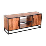 Benzara 54 Inch Metal Frame TV Console with 2 Side Door Cabinets, Black and Brown UPT-197871 Brown and Black Acacia Wood and Metal UPT-197871