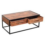 Benzara 2 Drawer Industrial Metal Coffee Table with Wooden Tile Top, Brown and Black UPT-197873 Brown Acacia Wood and Metal UPT-197873