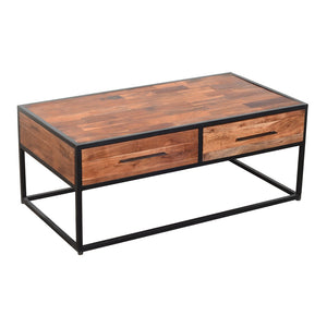 Benzara 2 Drawer Industrial Metal Coffee Table with Wooden Tile Top, Brown and Black UPT-197873 Brown Acacia Wood and Metal UPT-197873