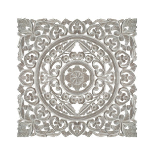 Benzara Distressed Square Shape Wooden Wall Panel with Traditional Carvings, White UPT-200173 White MDF UPT-200173