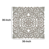 Benzara Distressed Square Shape Wooden Wall Panel with Traditional Carvings, White UPT-200173 White MDF UPT-200173