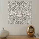 Benzara Distressed Square Shape Wooden Wall Panel with Traditional Carvings, White UPT-200173 White MDF UPT-200173