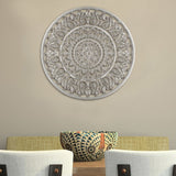 Benzara Round Shape Wooden Wall Panel with Ornate Carvings, Washed White UPT-200174 White MDF UPT-200174