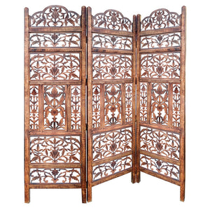 Benzara Handcrafted 3 Panel Mango Wood Screen with Cutout Filigree Carvings, Brown UPT-200176 Brown Mango Wood and MDF UPT-200176