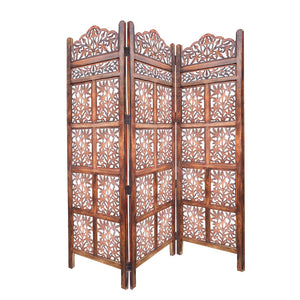 Benzara 3 Panel Mango Wood Screen with Intricate Cutout Carvings, Brown UPT-200177 Brown Mango Wood and MDF UPT-200177