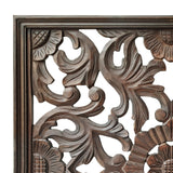 Benzara Square Shape Wooden Wall Panel with Filigree Carvings, Burnt Brown UPT-200179 Brown MDF UPT-200179