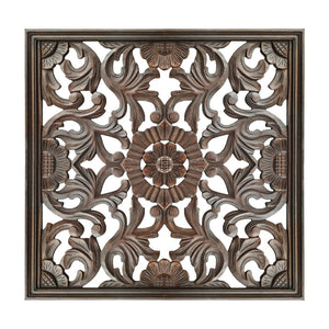 Benzara Square Shape Wooden Wall Panel with Filigree Carvings, Burnt Brown UPT-200179 Brown MDF UPT-200179