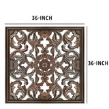 Benzara Square Shape Wooden Wall Panel with Filigree Carvings, Burnt Brown UPT-200179 Brown MDF UPT-200179