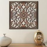 Benzara Square Shape Wooden Wall Panel with Filigree Carvings, Burnt Brown UPT-200179 Brown MDF UPT-200179